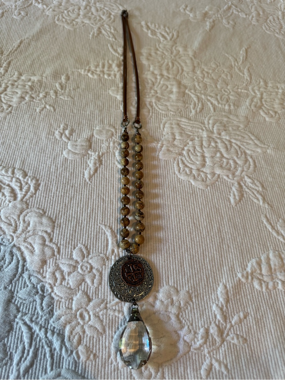 Handcrafted Brown Jasper Bead Necklace with Antique Silver Medallion